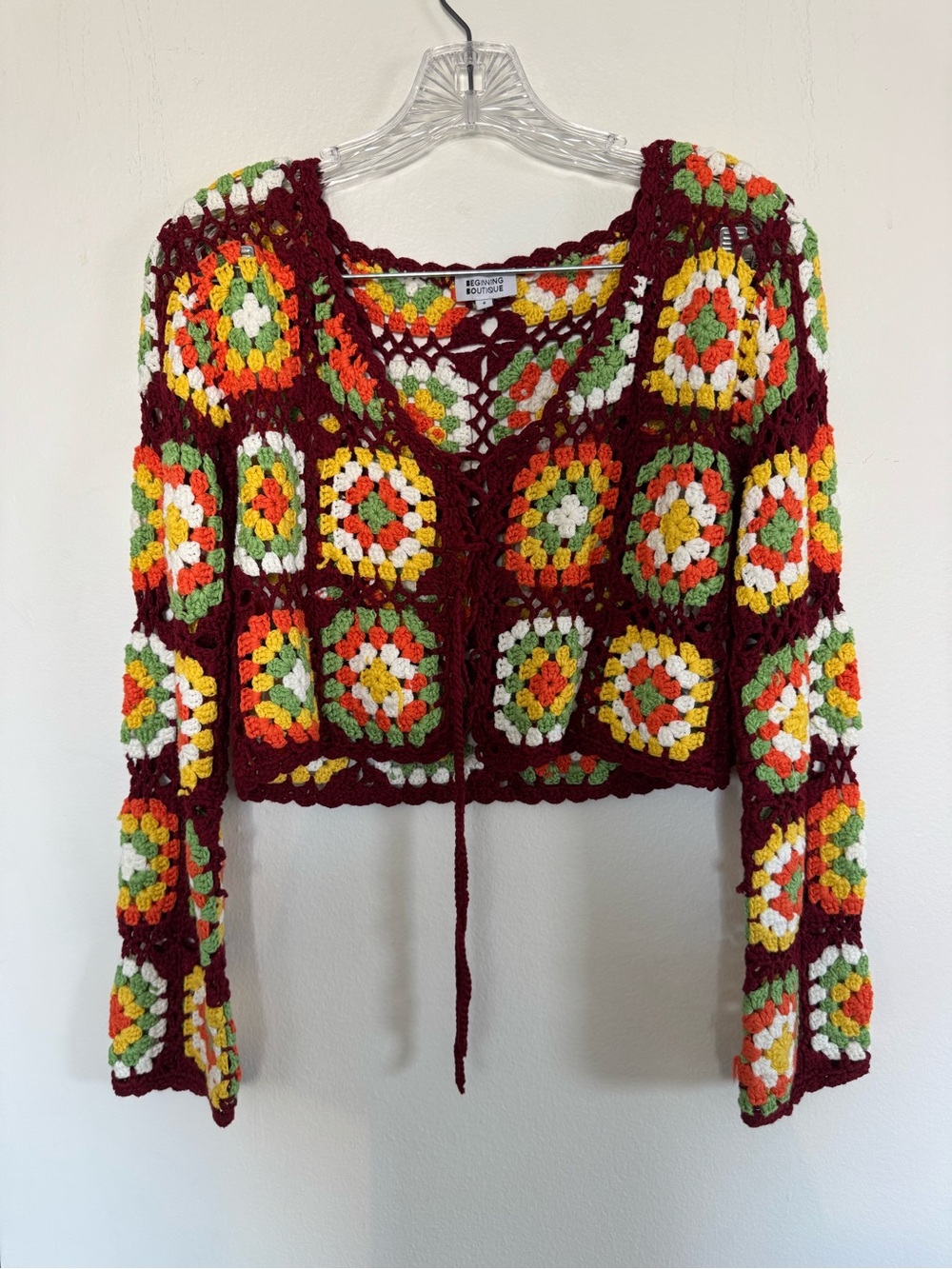 Crochet Granny Square Tie Front Cardigan Size 6 Boho Festival
